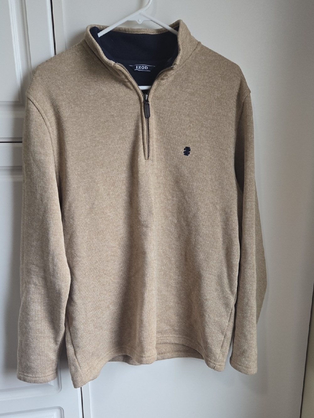 Izod Men's Zip-Neck Pullover Sweater in Beige with Navy Trim